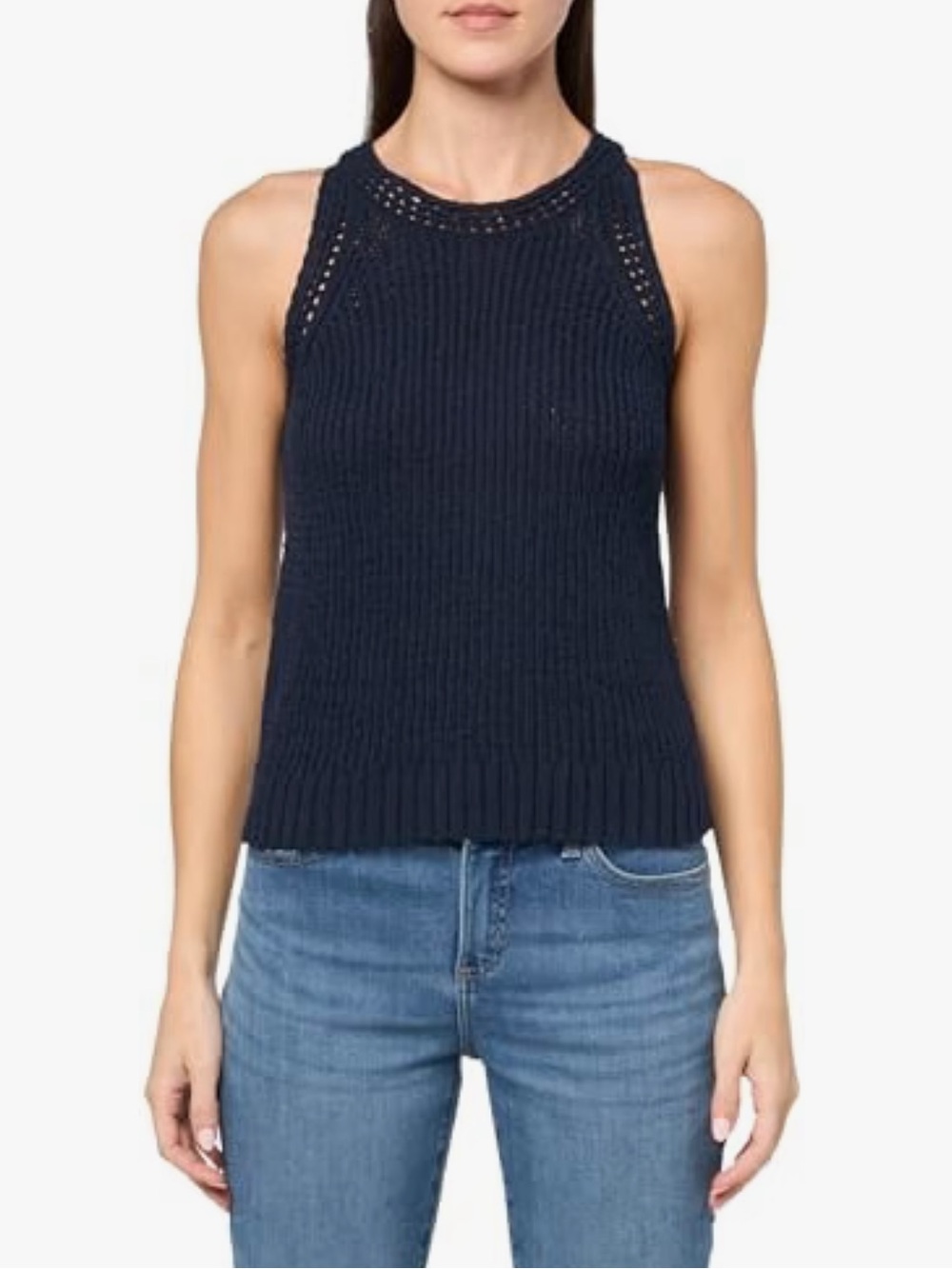 NWT NIC + Zoe XL Women’s Tape Yarn Navy Blue Crotched Knit High Neck Blouse $108
